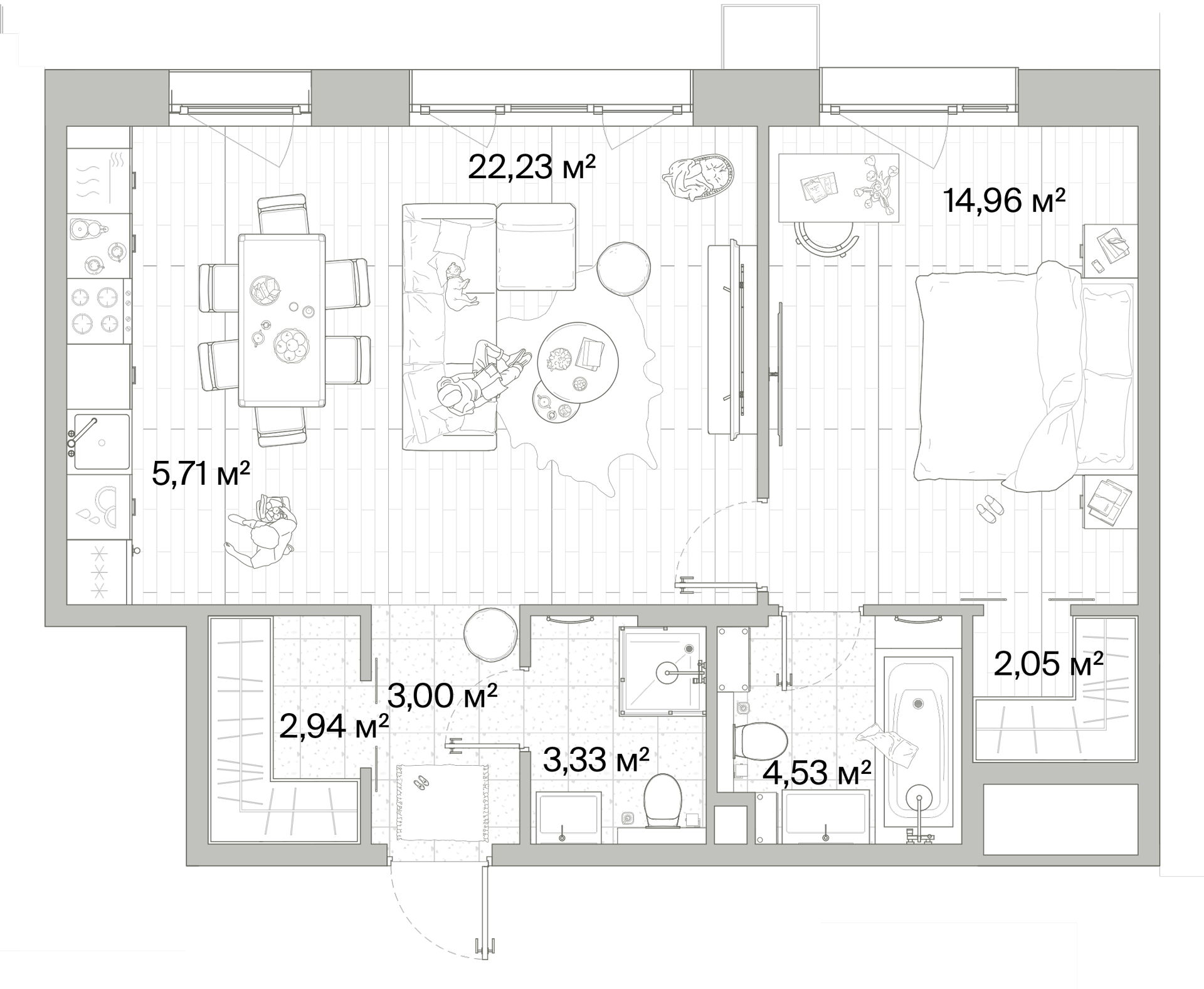 1 комн. квартира, 58.8 м², 7 этаж 