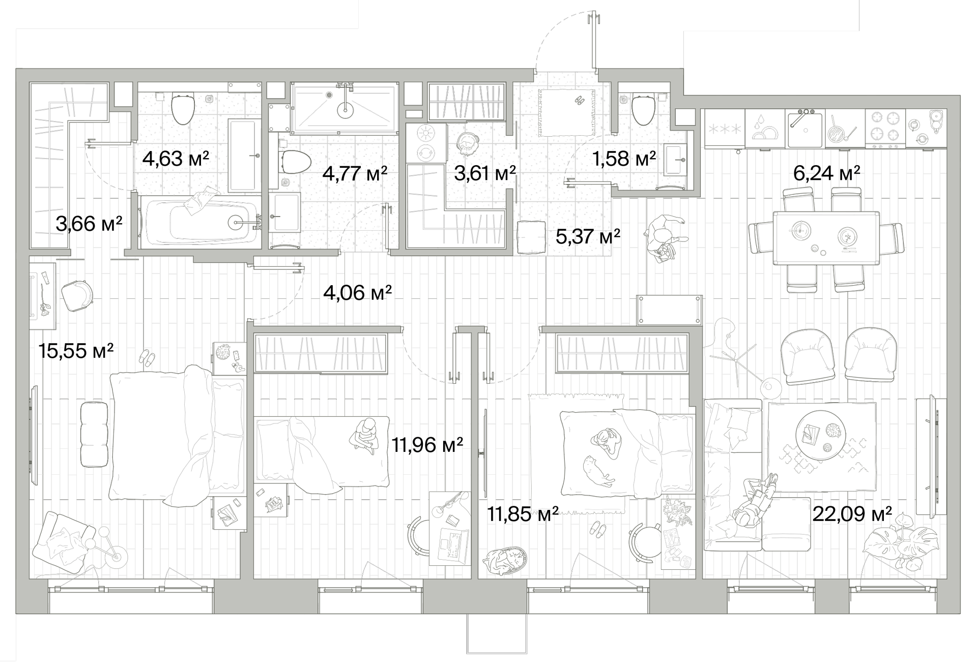 3 комн. квартира, 95.4 м², 7 этаж 