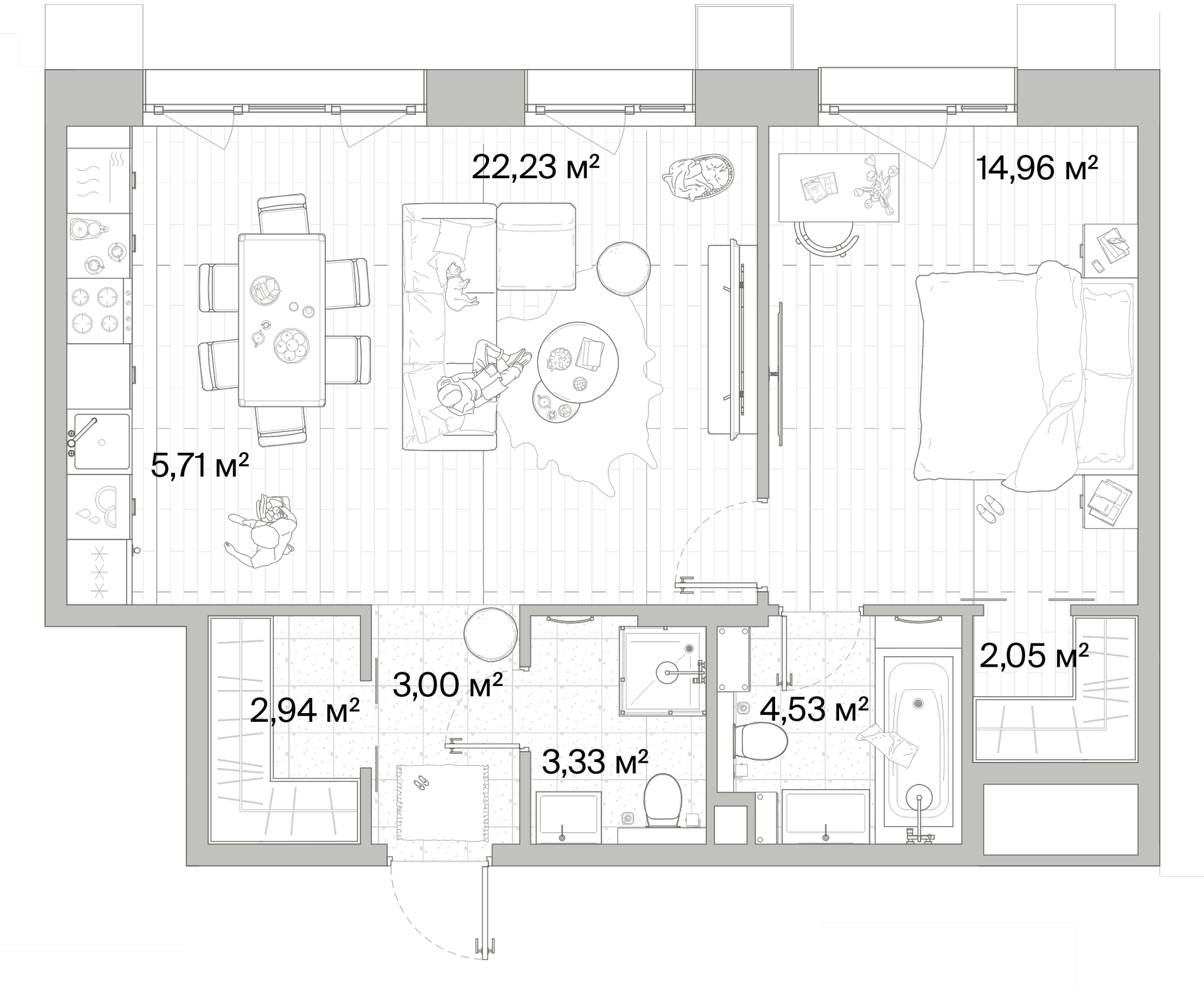 1 комн. квартира, 58.8 м², 5 этаж 