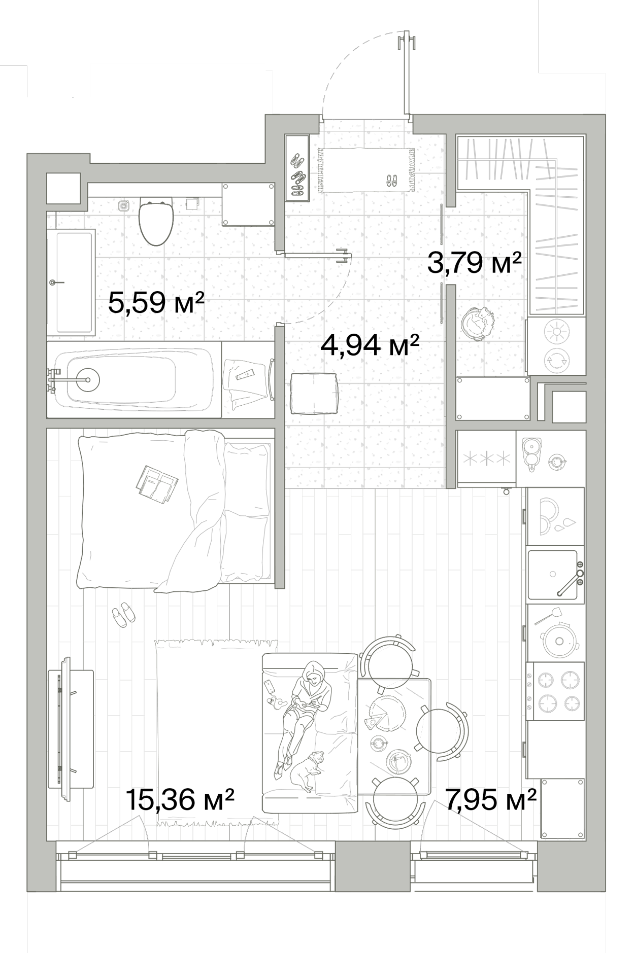 1 комн. квартира, 37.6 м², 2 этаж 