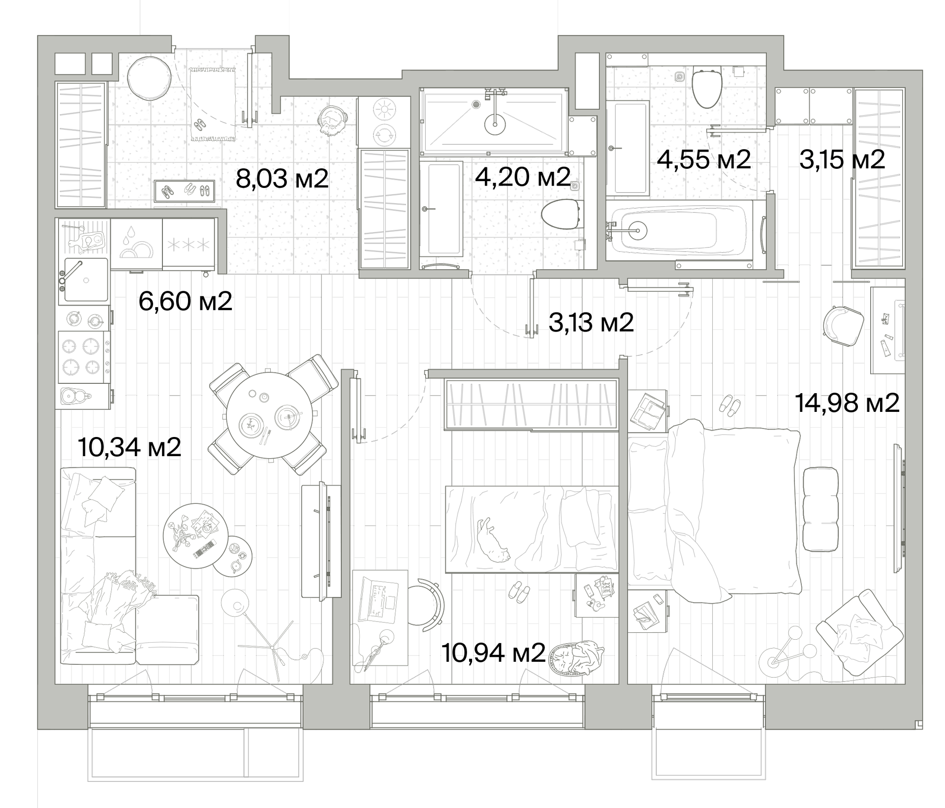 2 комн. квартира, 65.9 м², 11 этаж 