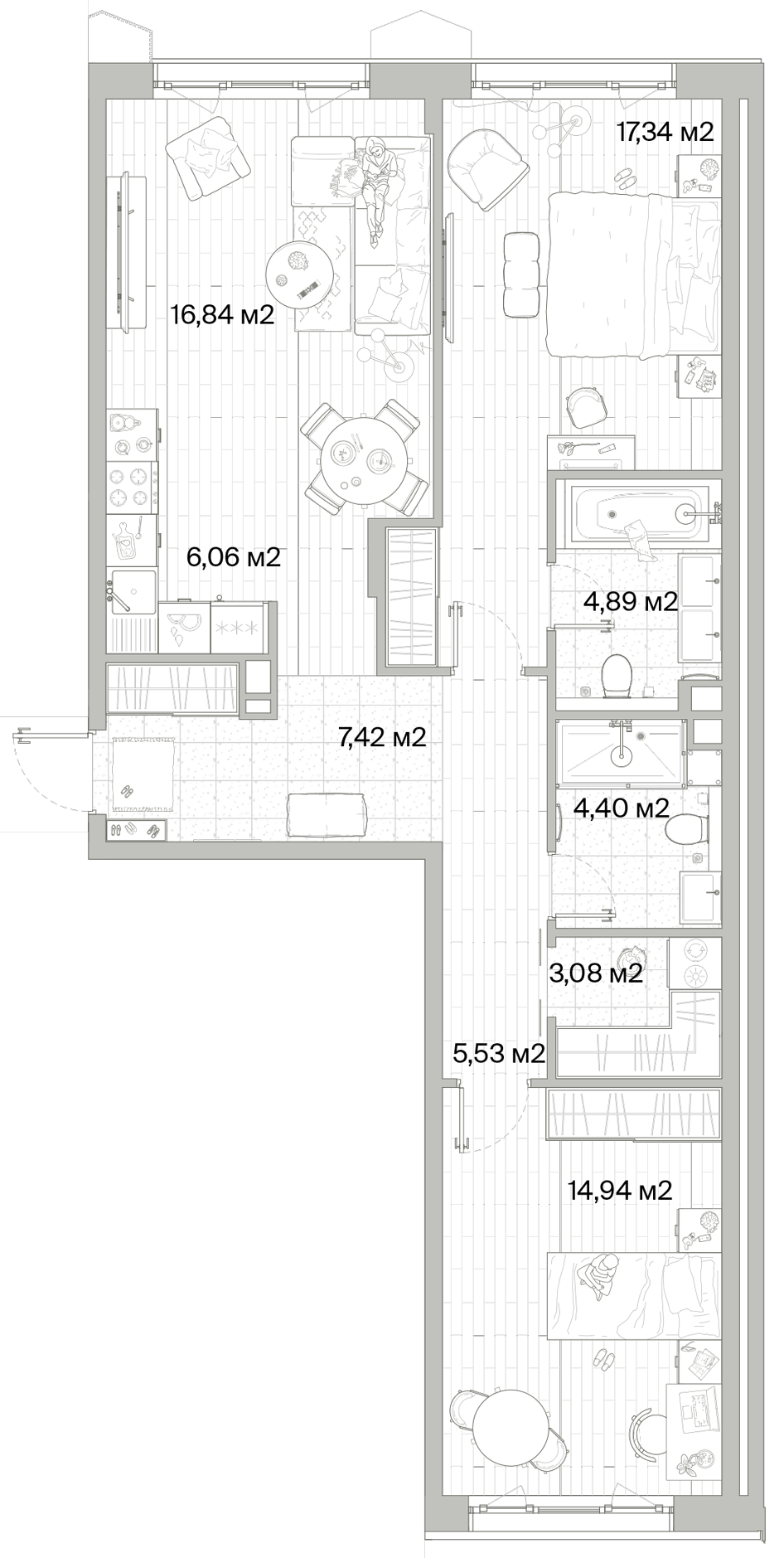 2 комн. квартира, 80.5 м², 4 этаж 