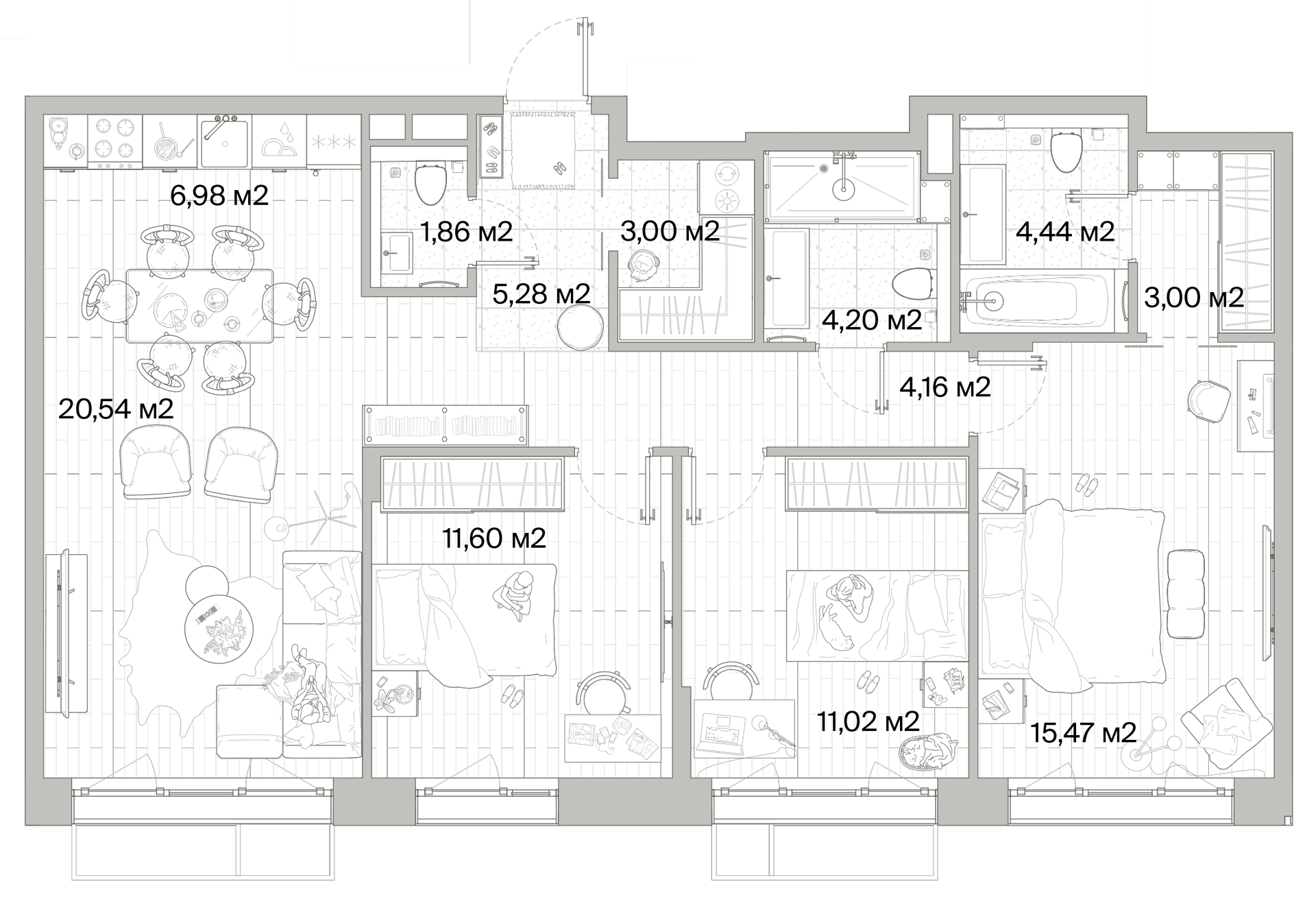 3 комн. квартира, 91.5 м², 4 этаж 
