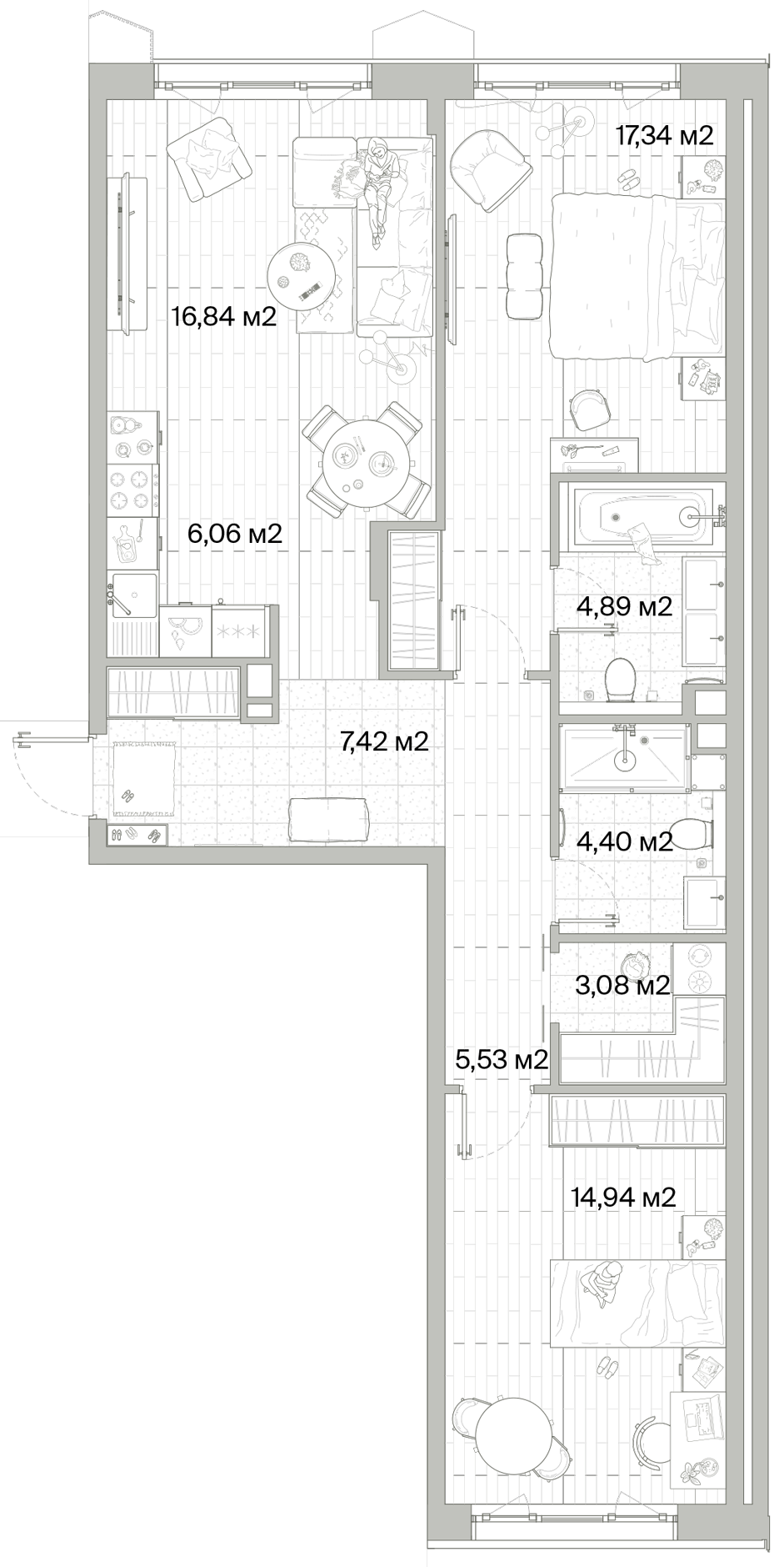 2 комн. квартира, 80.5 м², 8 этаж 