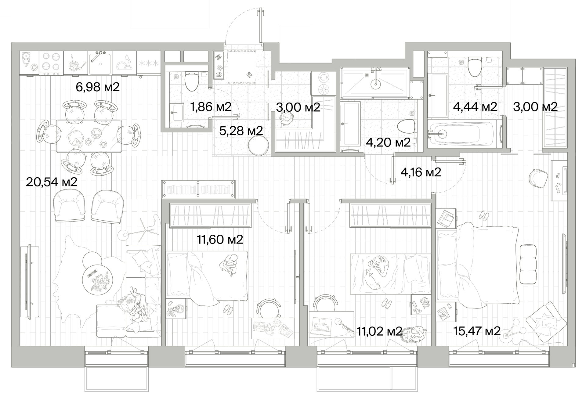 3 комн. квартира, 91.5 м², 8 этаж 