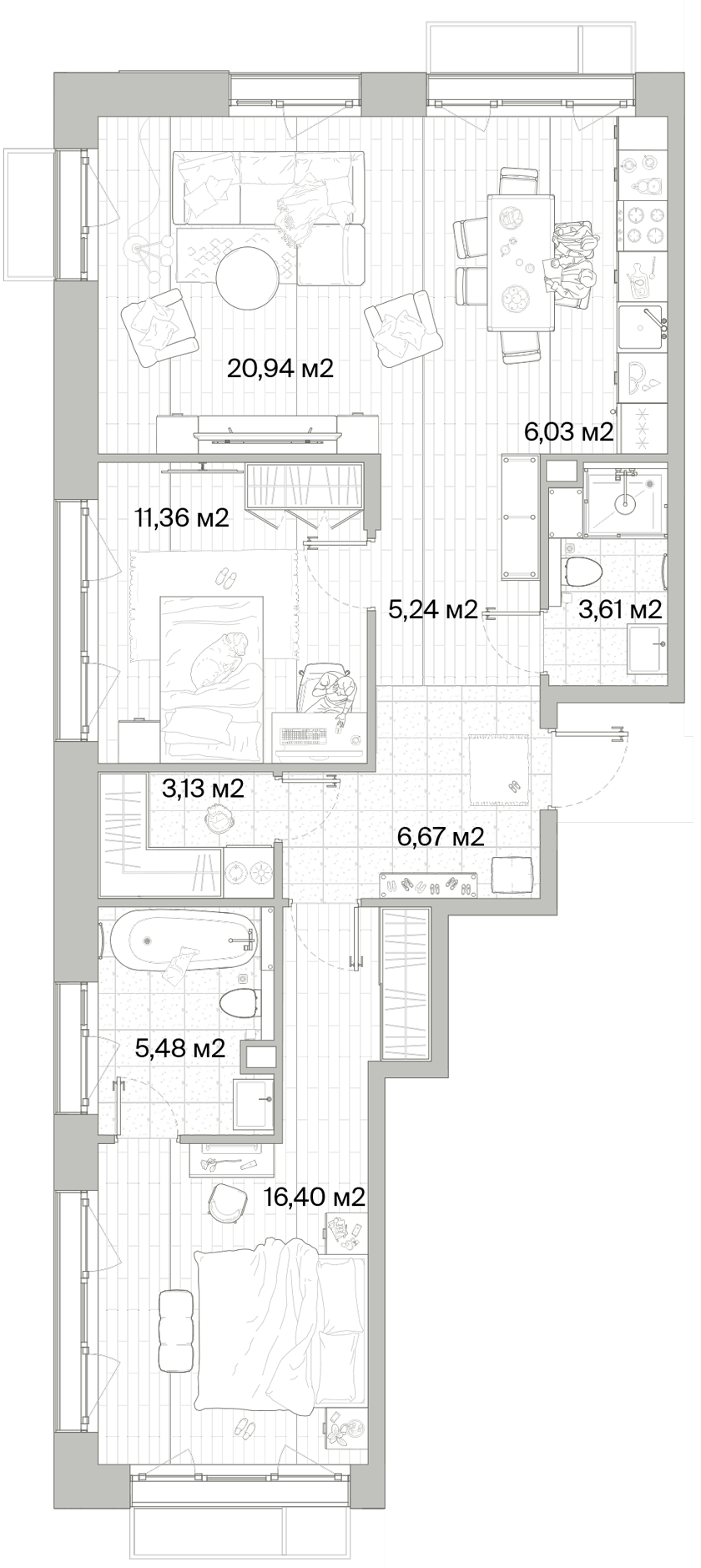 2 комн. квартира, 78.9 м², 7 этаж 