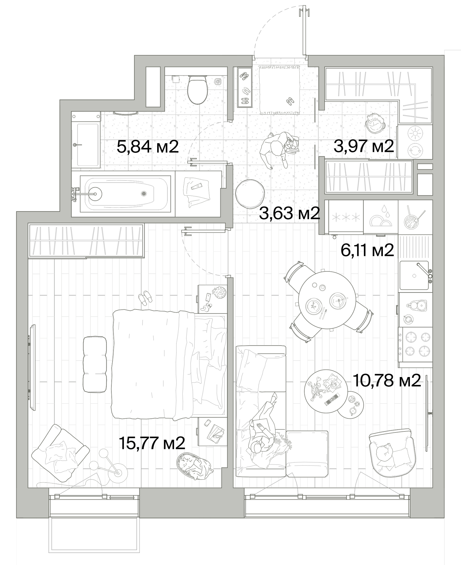 1 комн. квартира, 46.1 м², 8 этаж 