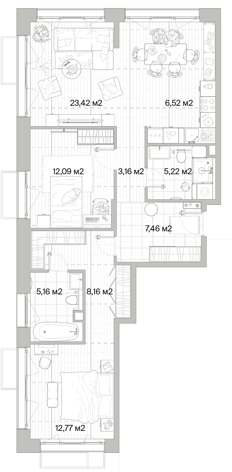 2 комн. квартира, 84 м², 4 этаж 