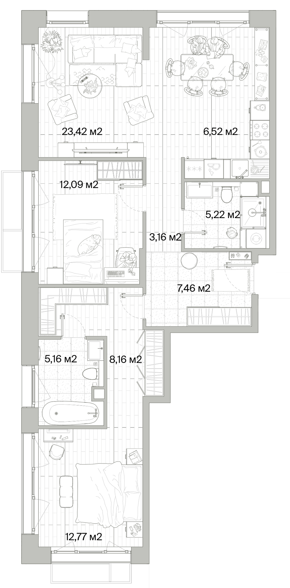 2 комн. квартира, 84 м², 5 этаж 