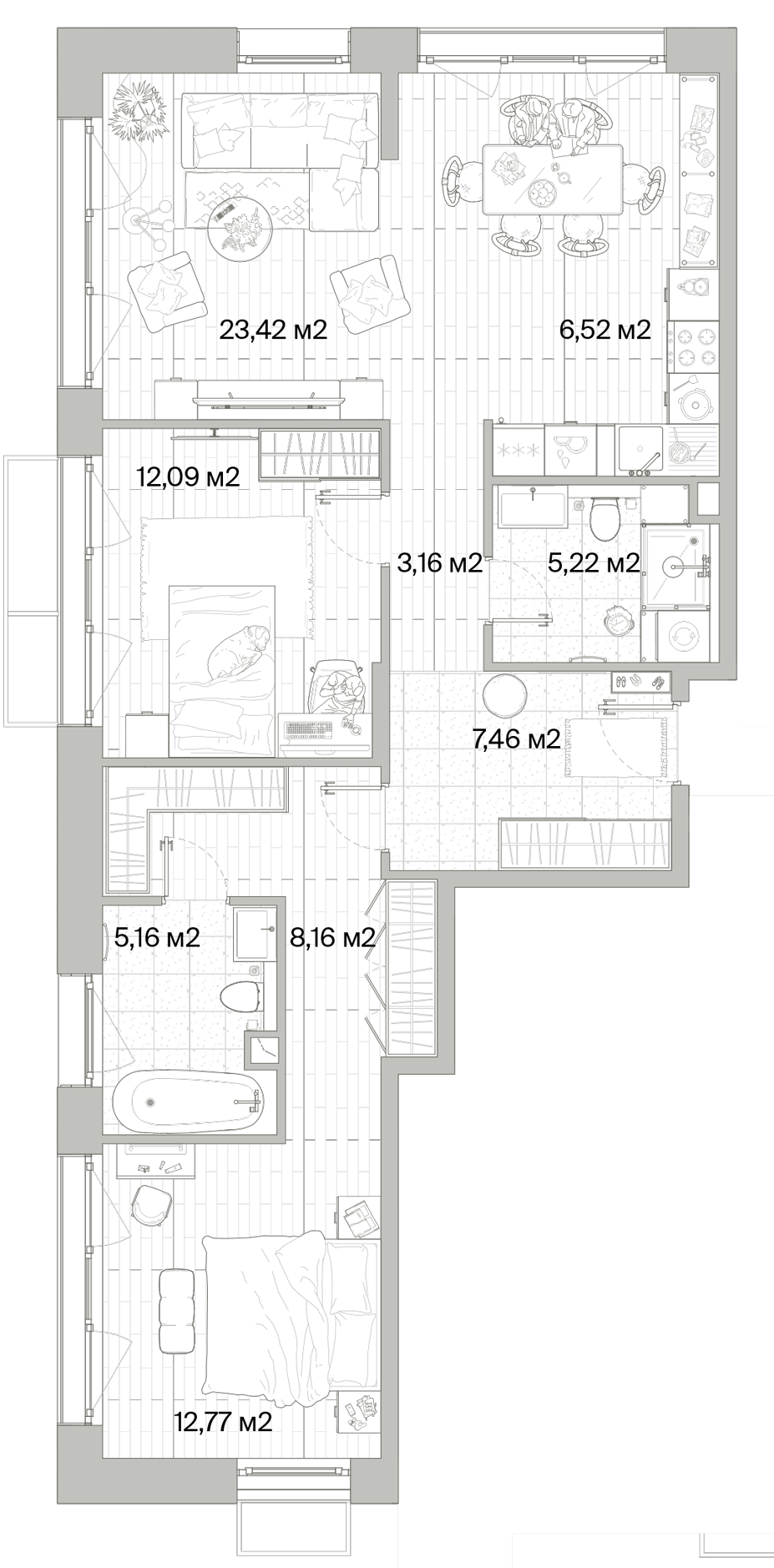 2 комн. квартира, 84 м², 2 этаж 