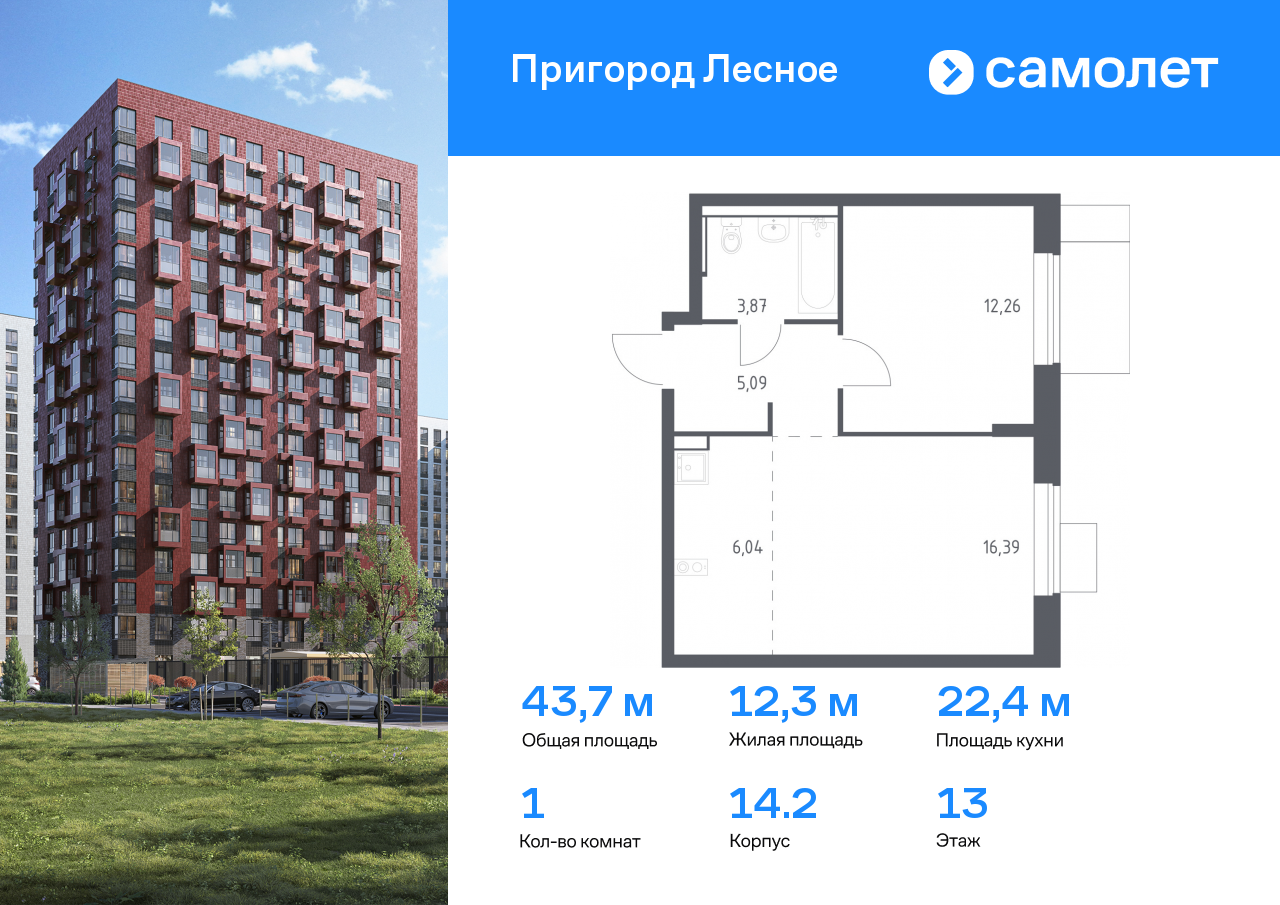 1 комн. квартира, 43.6 м², 13 этаж  (из 17)