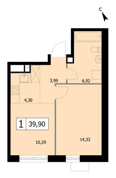 1 комн. квартира, 39.9 м², 7 этаж 