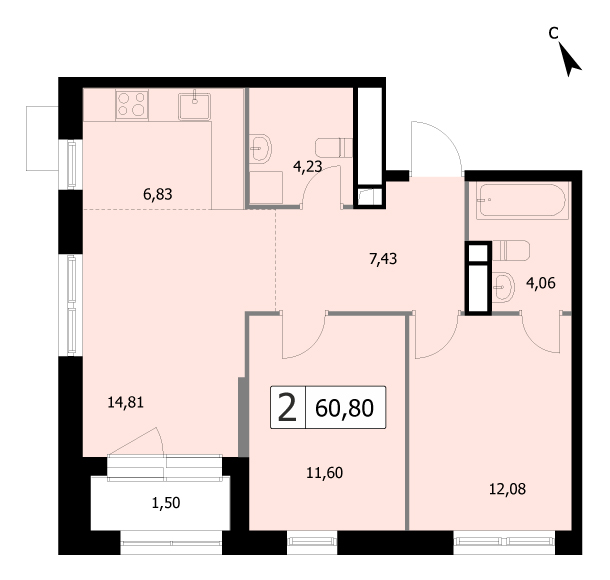 2 комн. квартира, 60.8 м², 2 этаж 