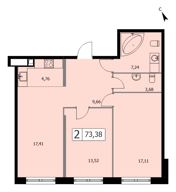 2 комн. квартира, 73.6 м², 18 этаж 