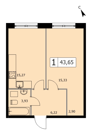 1 комн. квартира, 43.2 м², 12 этаж 