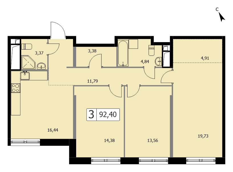 3 комн. квартира, 92.4 м², 17 этаж 