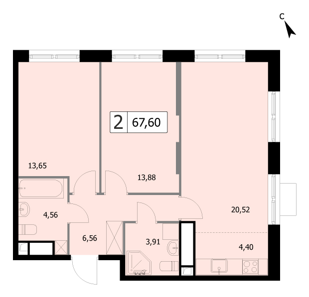 2 комн. квартира, 62 м², 2 этаж 