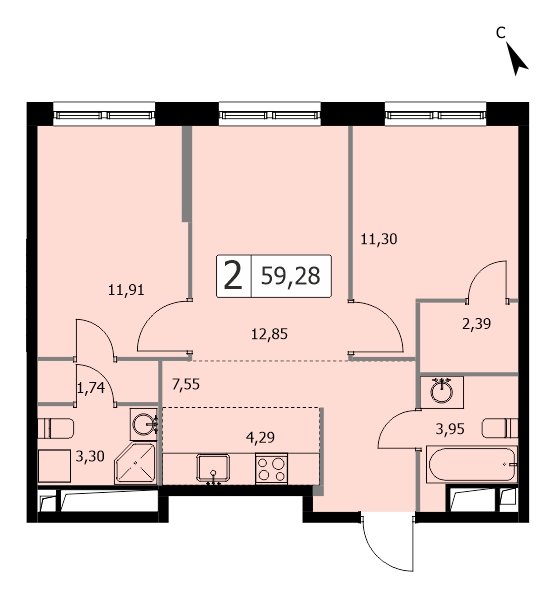 2 комн. квартира, 59.4 м², 14 этаж 