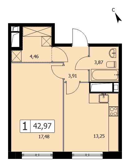 1 комн. квартира, 43.1 м², 9 этаж 