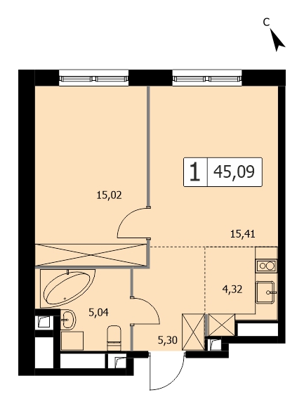 1 комн. квартира, 45 м², 5 этаж 