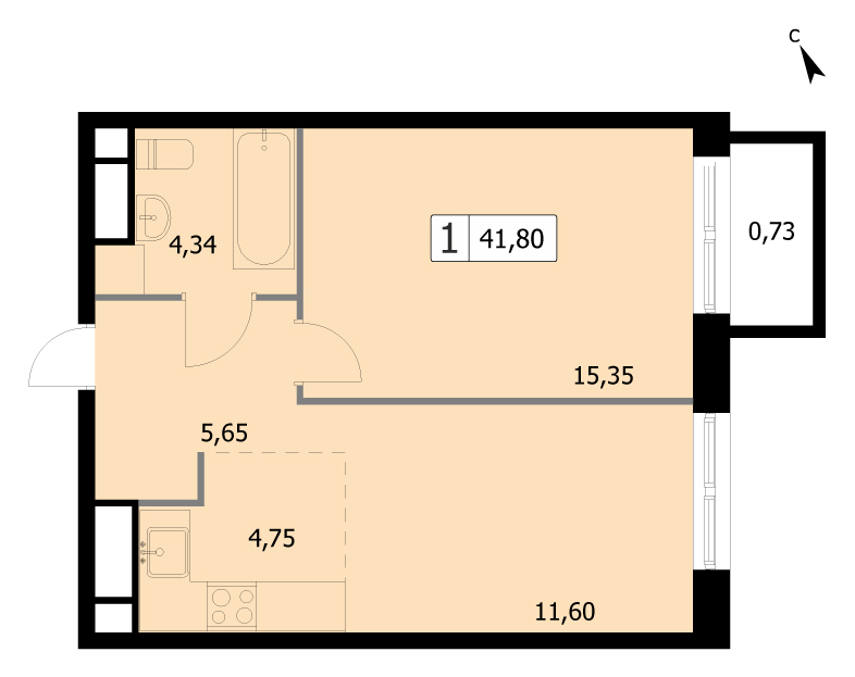 1 комн. квартира, 41.8 м², 17 этаж 
