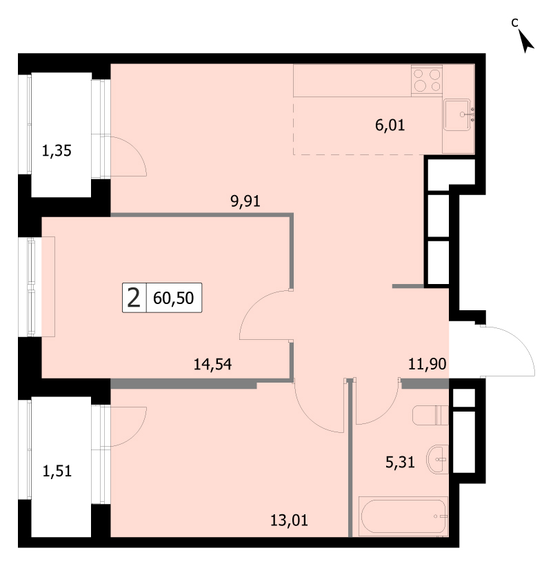 2 комн. квартира, 60.5 м², 16 этаж 