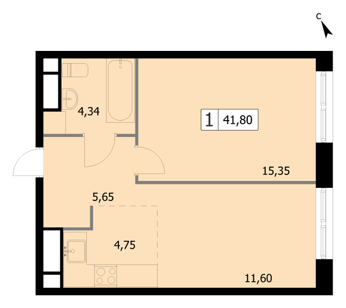 1 комн. квартира, 41.8 м², 16 этаж 