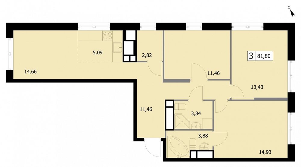 3 комн. квартира, 81.8 м², 11 этаж 
