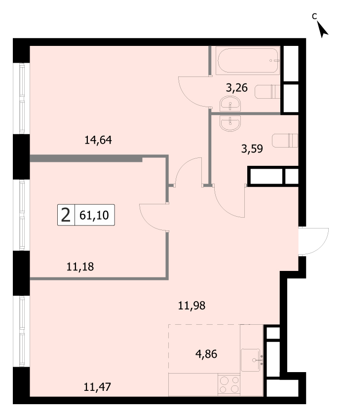 2 комн. квартира, 61.8 м², 11 этаж 
