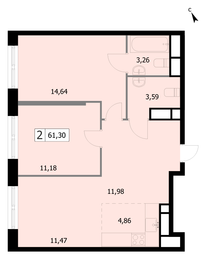 2 комн. квартира, 61.3 м², 10 этаж 