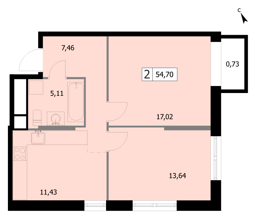 2 комн. квартира, 54.7 м², 7 этаж 