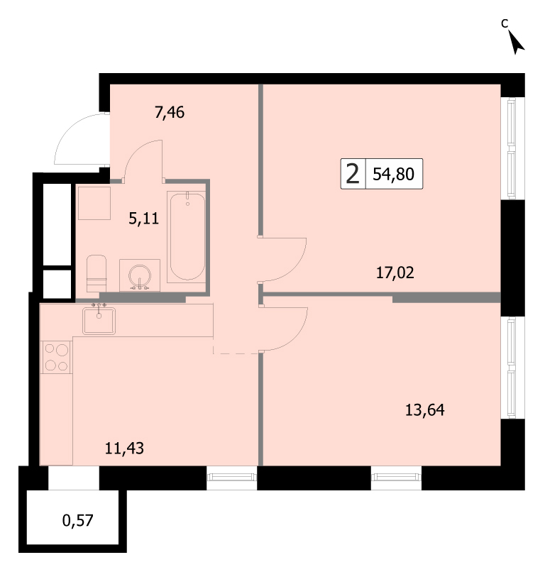2 комн. квартира, 54.8 м², 6 этаж 