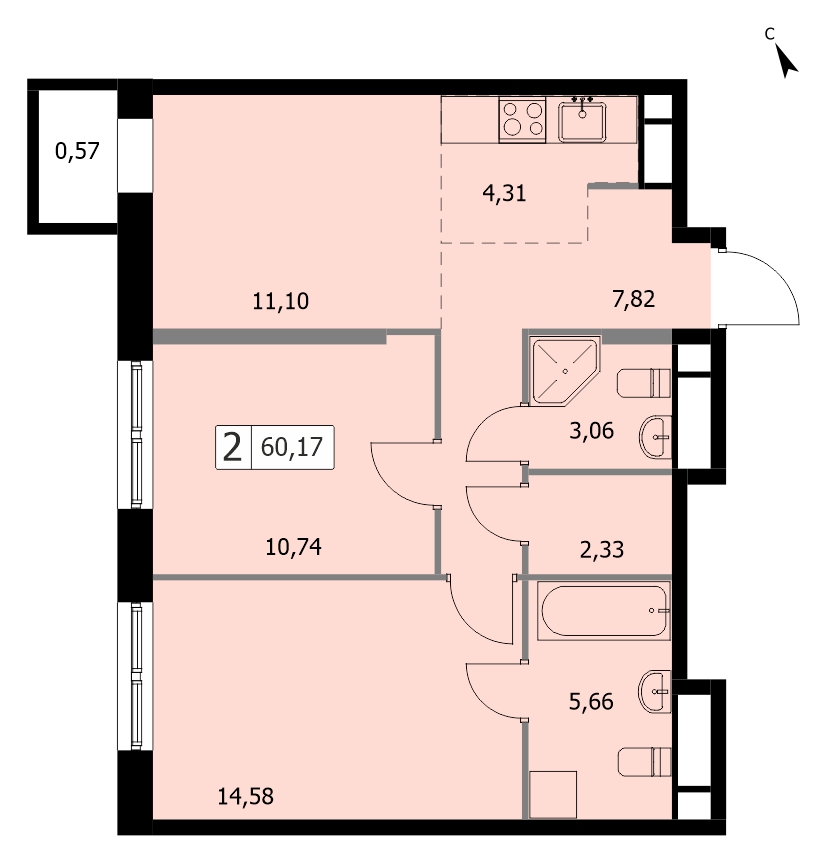 2 комн. квартира, 59.9 м², 2 этаж 