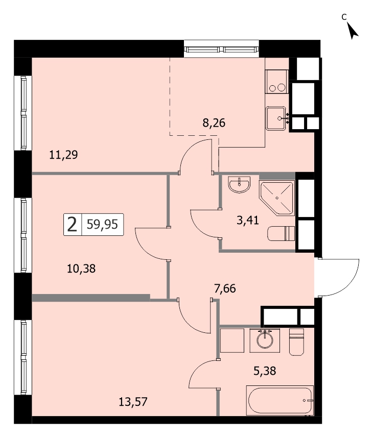 2 комн. квартира, 60.1 м², 2 этаж 