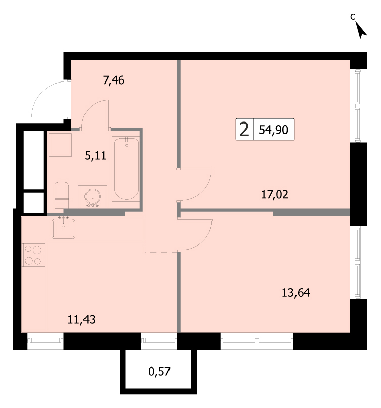 2 комн. квартира, 54.9 м², 2 этаж 