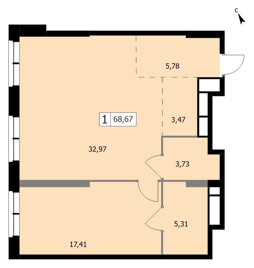 квартира со свободной планировкой, 68 м², 19 этаж 