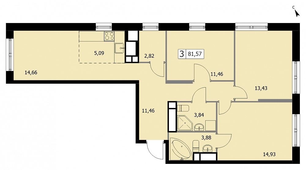 3 комн. квартира, 81.9 м², 15 этаж 