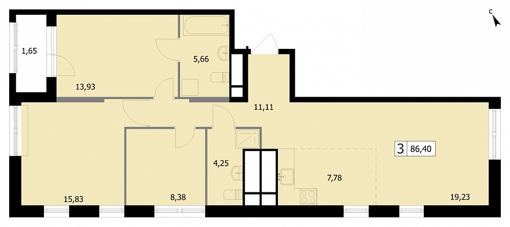 3 комн. квартира, 86.3 м², 13 этаж 