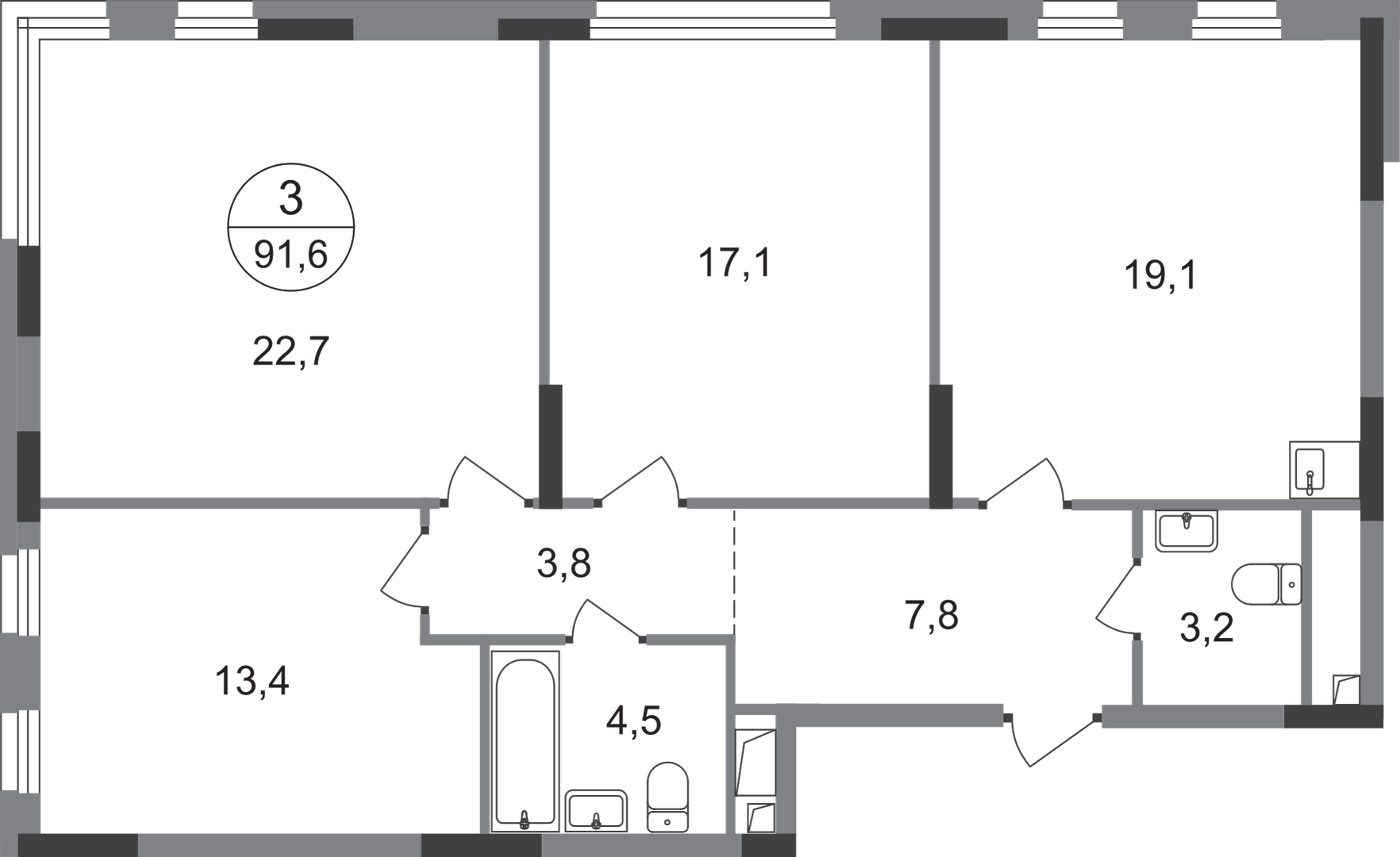 3 комн. квартира, 91.6 м², 8 этаж  (из 17)