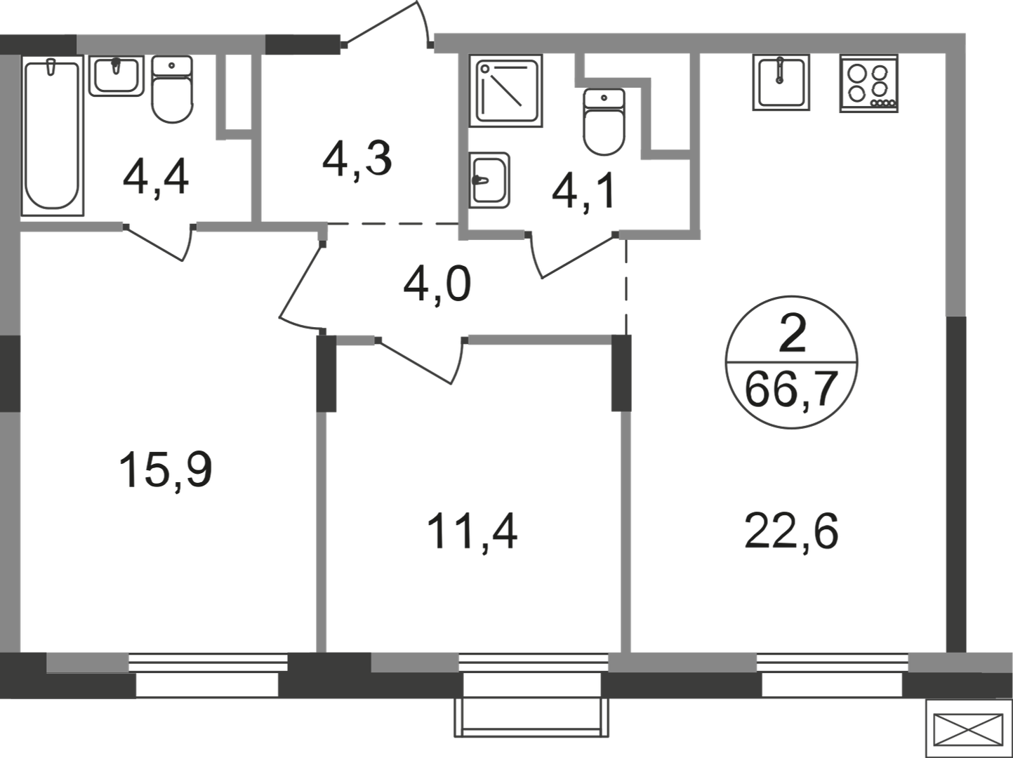2 комн. квартира, 66.7 м², 9 этаж  (из 9)