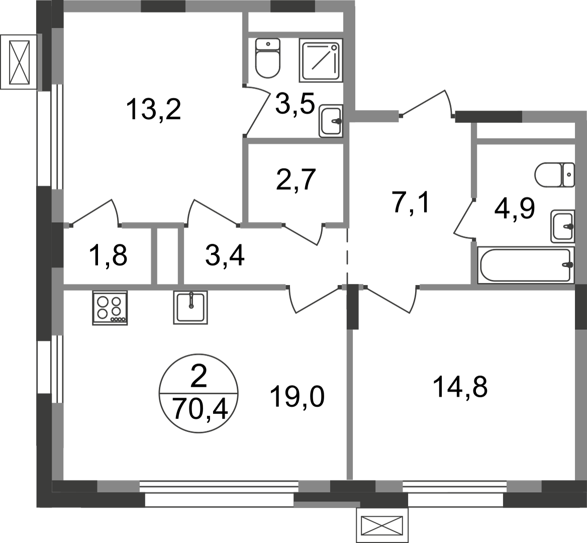 2 комн. квартира, 70.4 м², 2 этаж  (из 9)