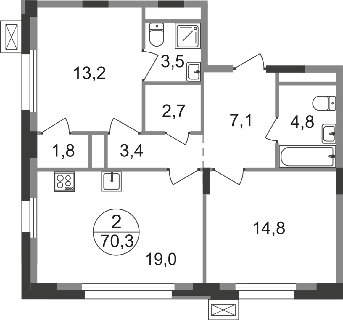 2 комн. квартира, 70.3 м², 3 этаж  (из 9)