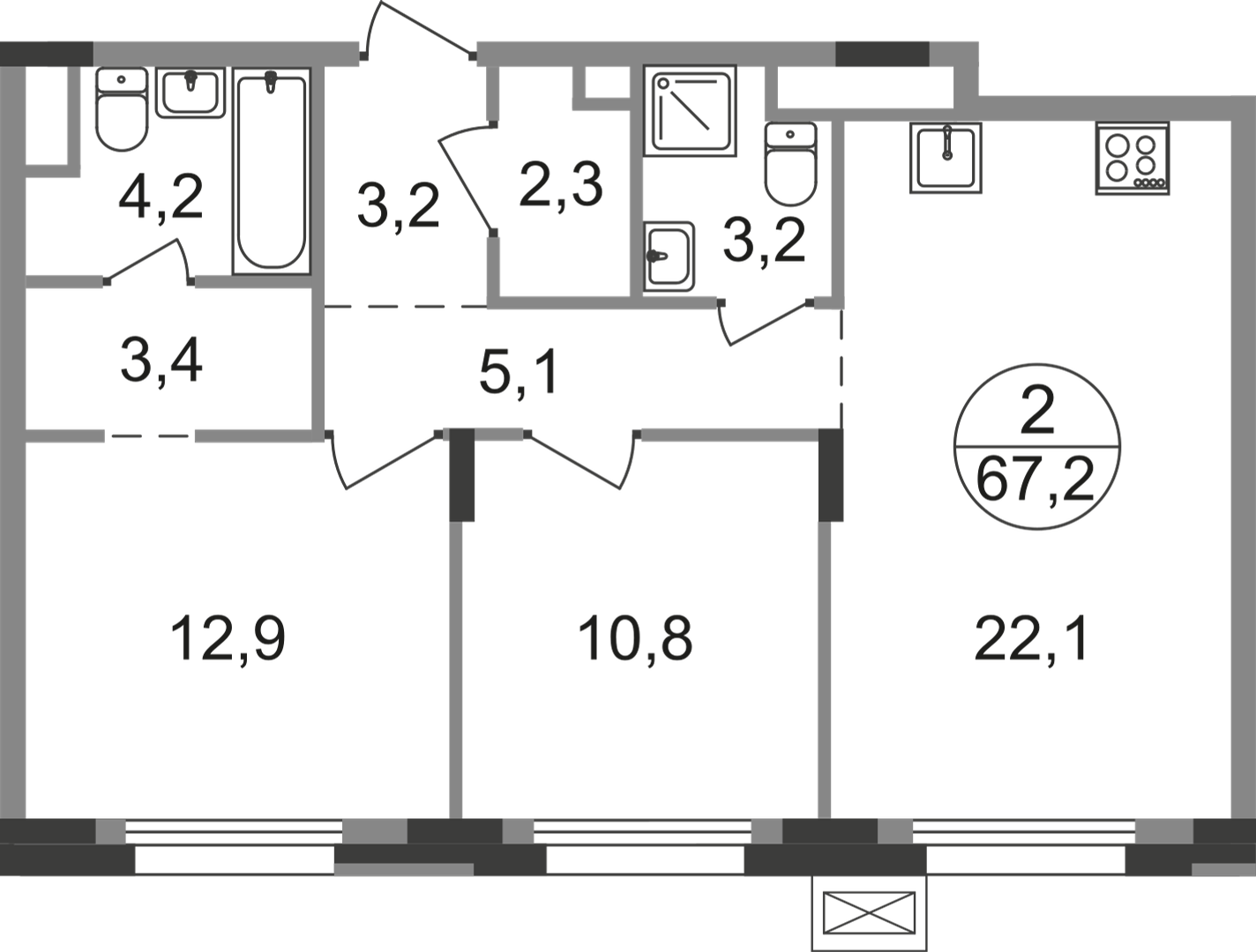 2 комн. квартира, 67.2 м², 4 этаж  (из 9)