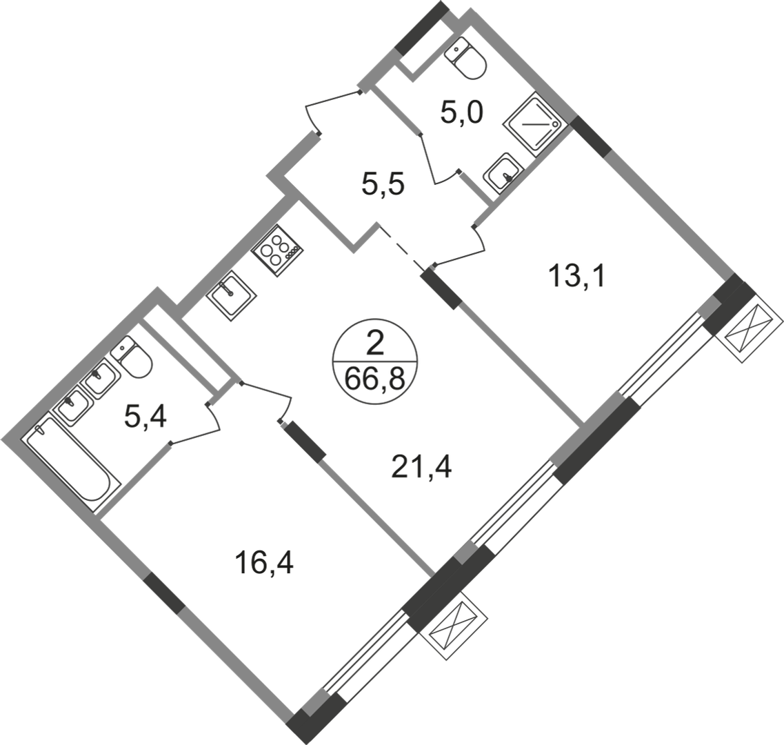 2 комн. квартира, 66.8 м², 4 этаж  (из 9)