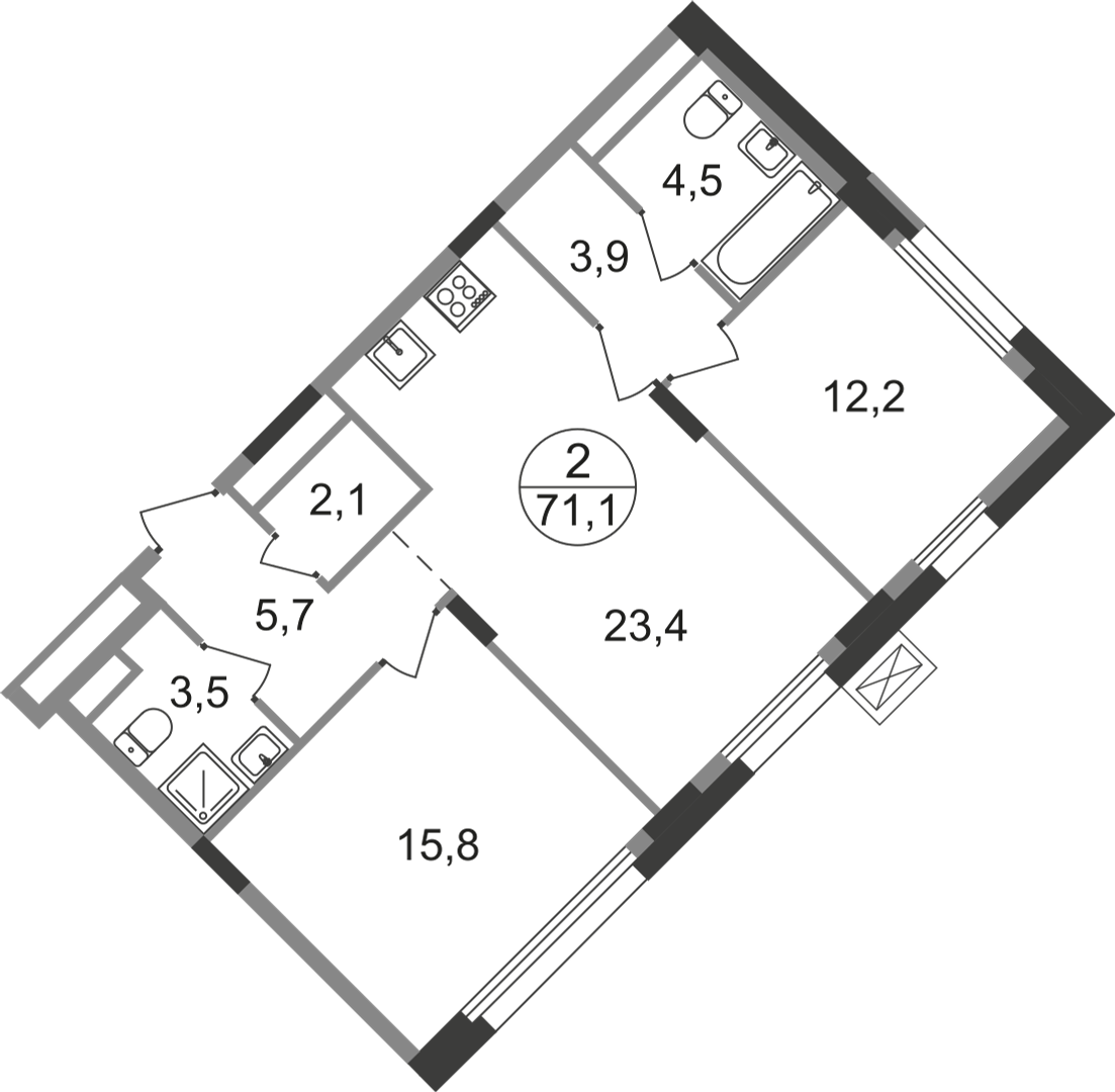 2 комн. квартира, 71.1 м², 5 этаж  (из 9)