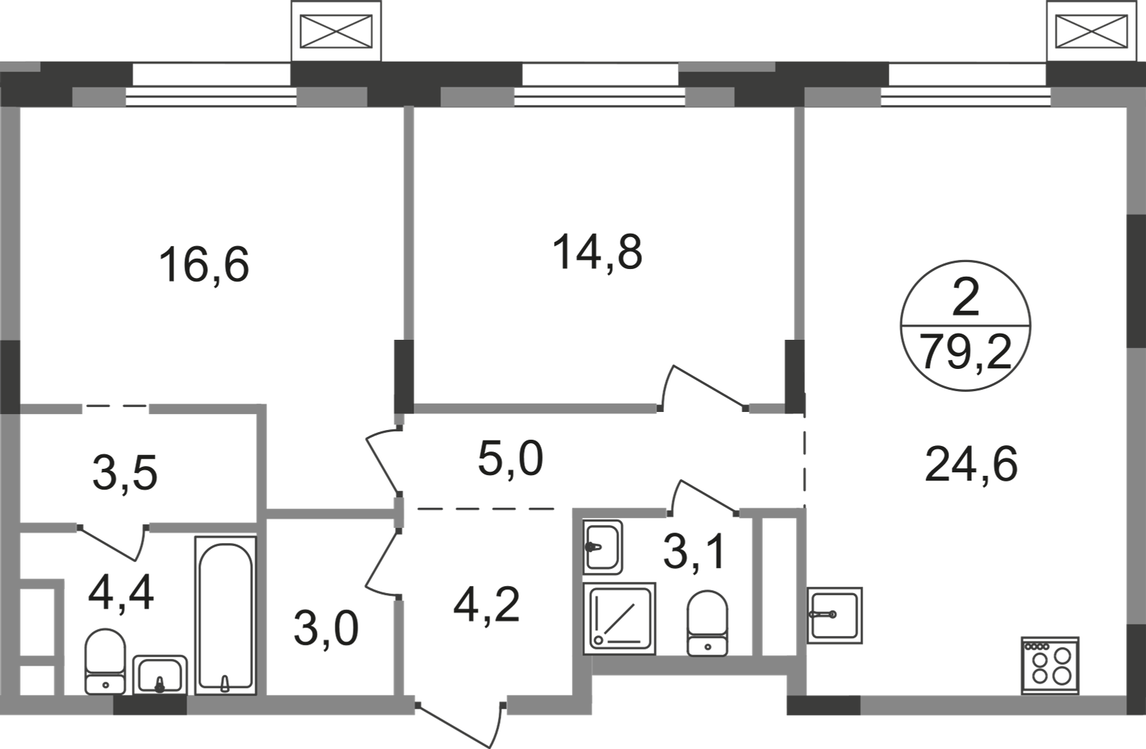 2 комн. квартира, 79.2 м², 4 этаж  (из 9)