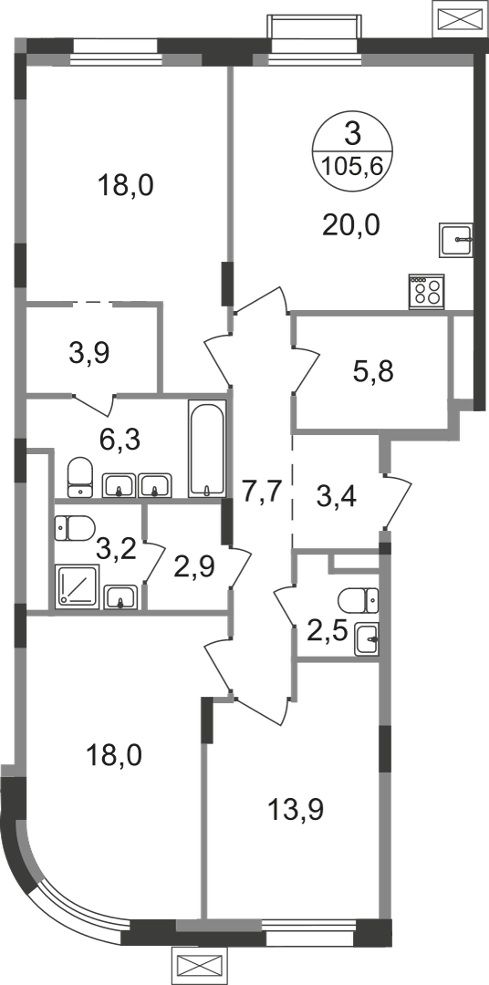 3 комн. квартира, 105.6 м², 5 этаж  (из 9)