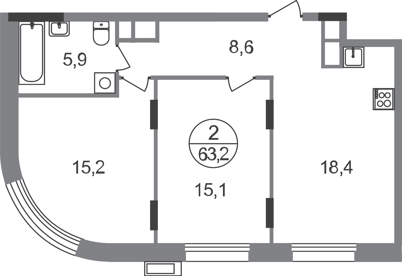 2 комн. квартира, 63.2 м², 7 этаж  (из 9)