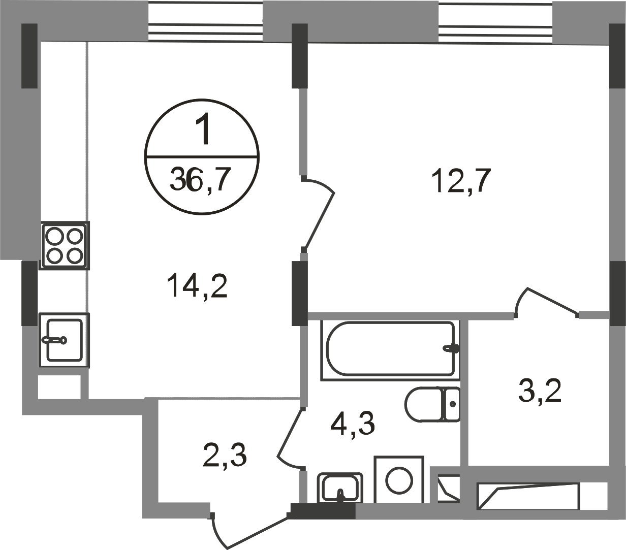 1 комн. квартира, 36.7 м², 1 этаж  (из 9)