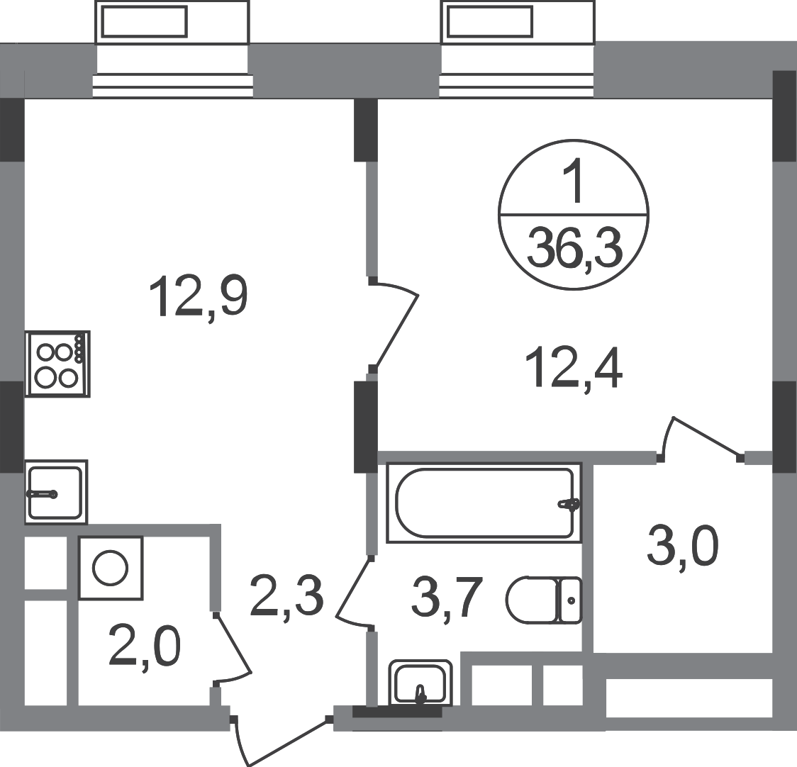 1 комн. квартира, 36.3 м², 2 этаж  (из 9)